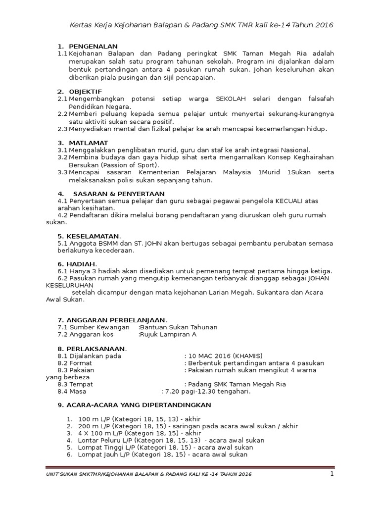 Kertas Kerja Kejohanan Balapan & Padang SMK TMR kali ke-14 
