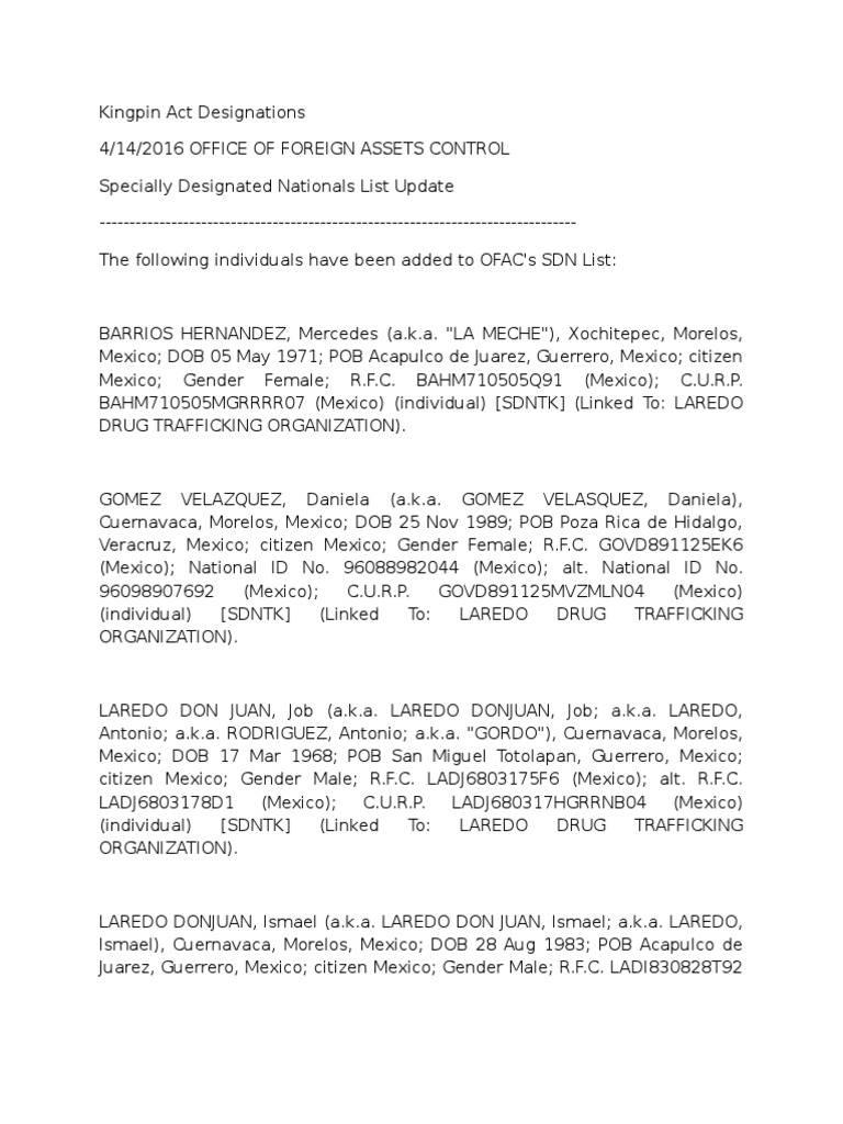 Kingpin Act Designations Laredo Drug Trafficking Organization PDF