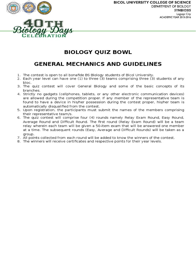 Biology Quiz Bowl PDF Question Multiple Choice