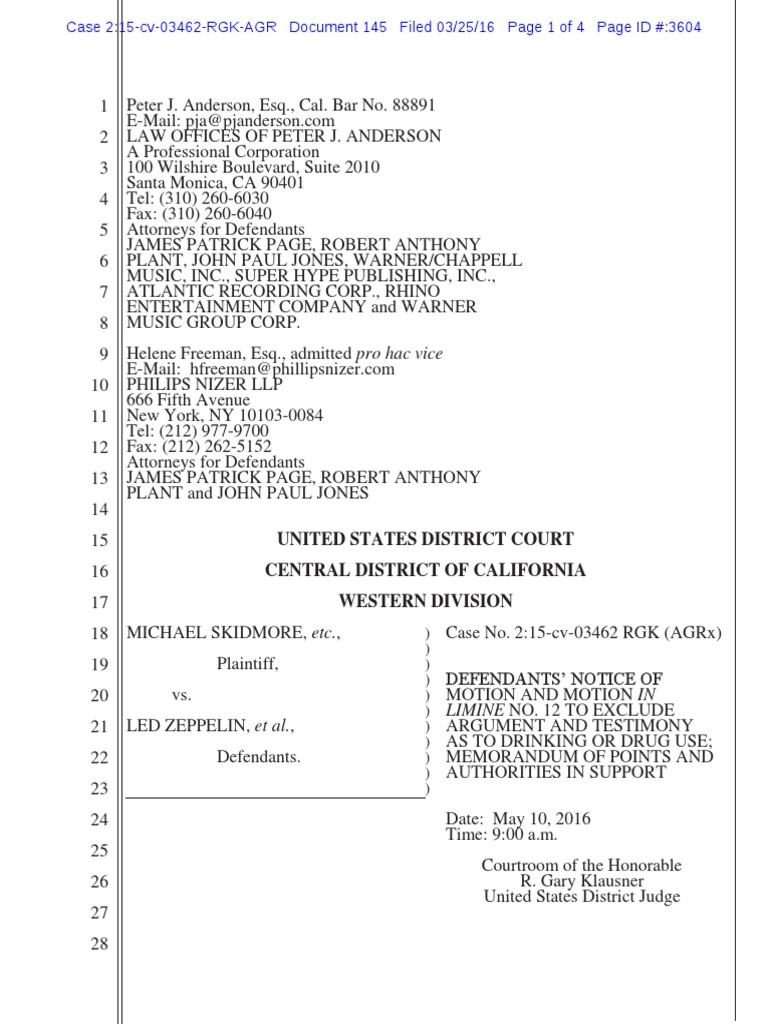 Skidmore V Led Zeppelin Motion To Exclude Drinking And Drug Use 145 Pdf Social Institutions Social Science