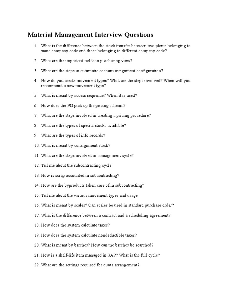 Material Management Interview Questions PDF Inventory Valuation