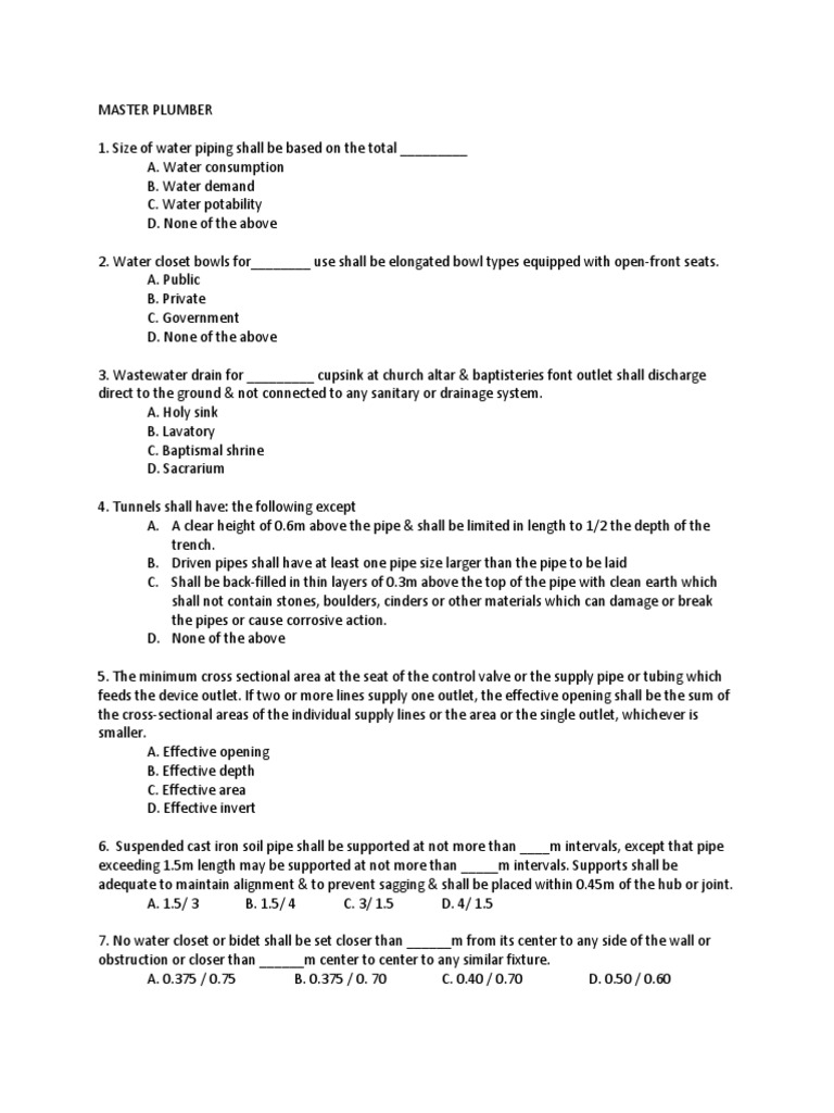Master Plumber Exam Plumbing Pipe (Fluid Conveyance)