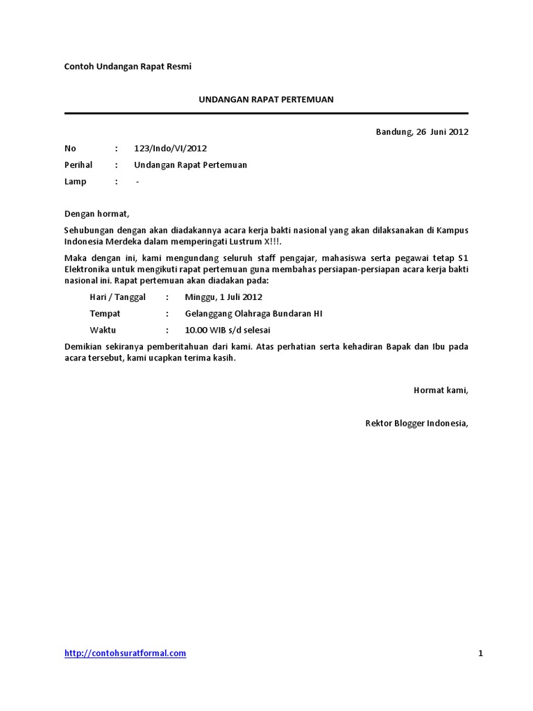 Contoh Surat Undangan Rapat Resmi