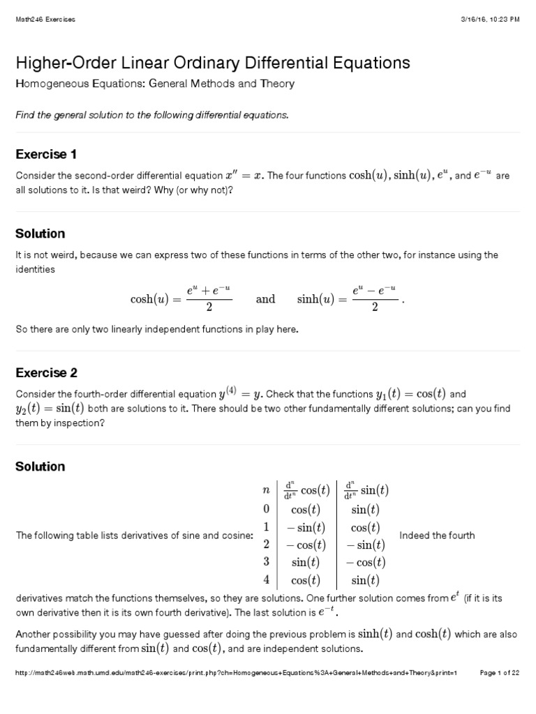 Math246 Exercises Ordinary Differential Equation Differential Equations