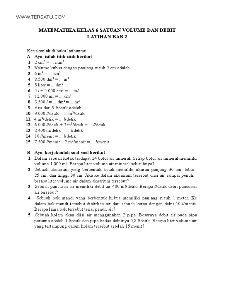 Matematika Kelas 6 Bab 2 Satuna Volume Dan Debit