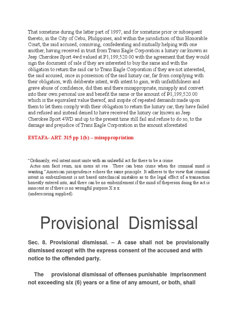 Provisional Dismissal ESTAFAART. 315 PP 1 (B) Misappropriation