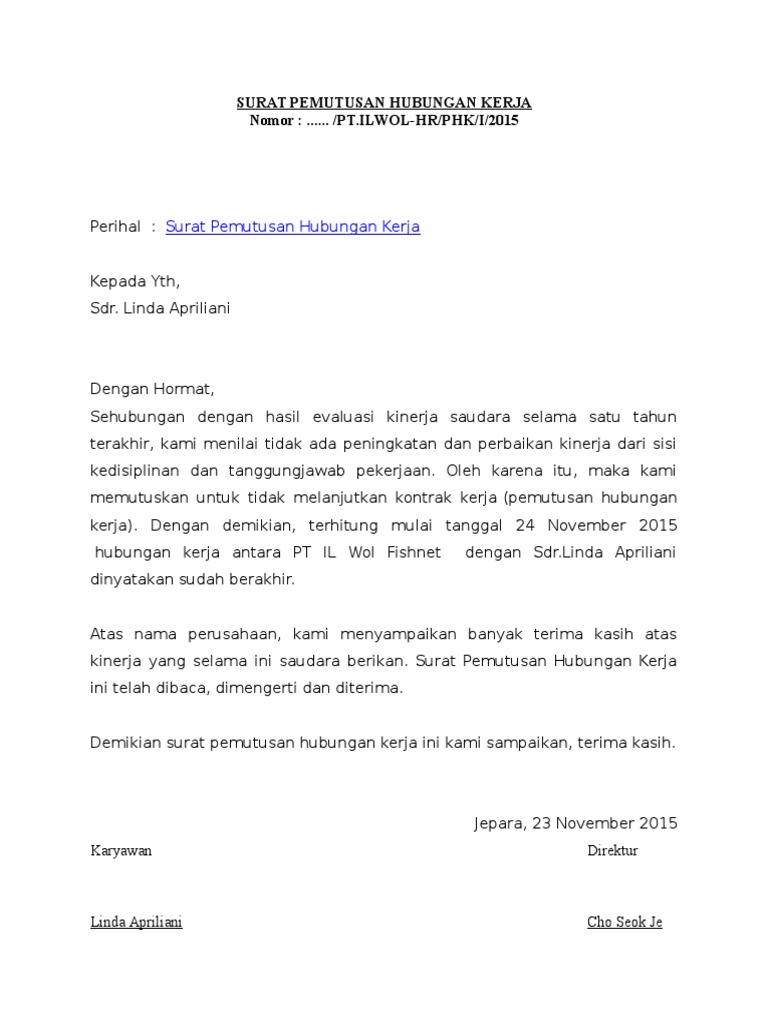 Surat Pemutusan Hubungan Kerja