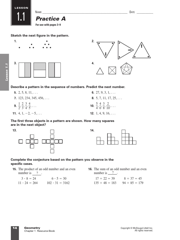 Geometry Chapter 1 Worksheets Area Elementary Geometry