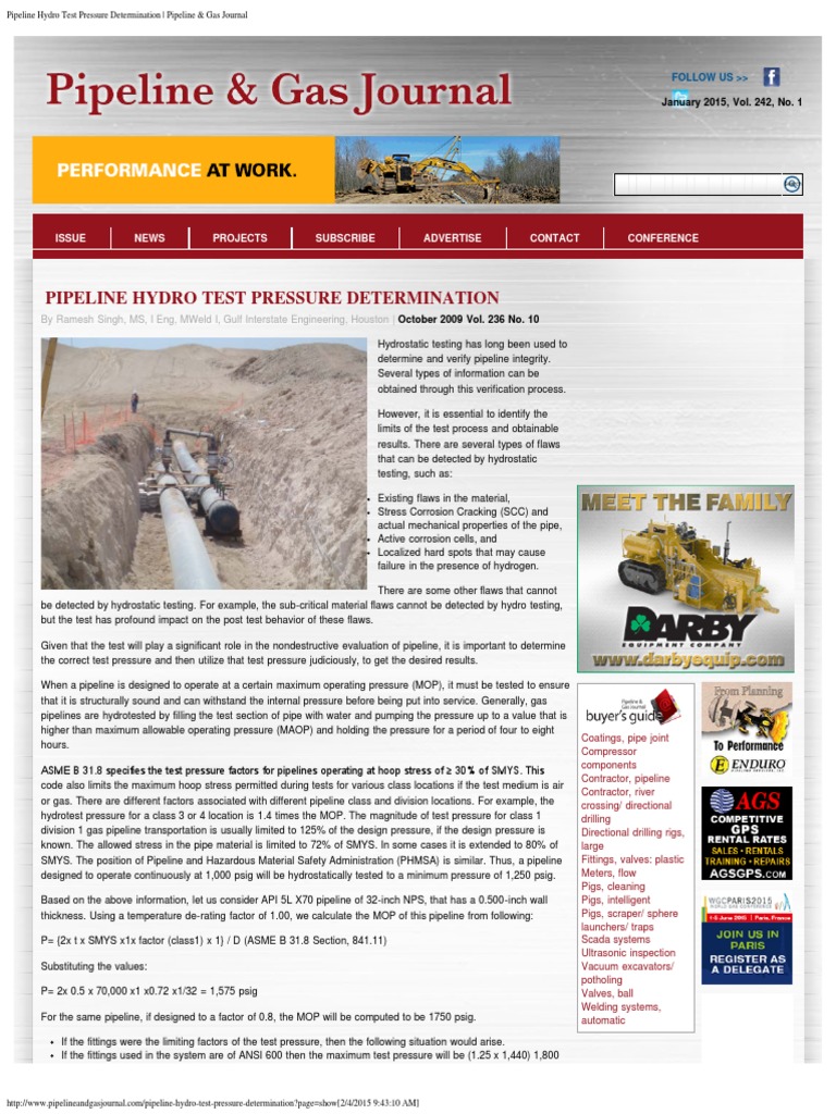 Pipeline Hydro Test Pressure Determination - Pipeline & Gas Journal ...