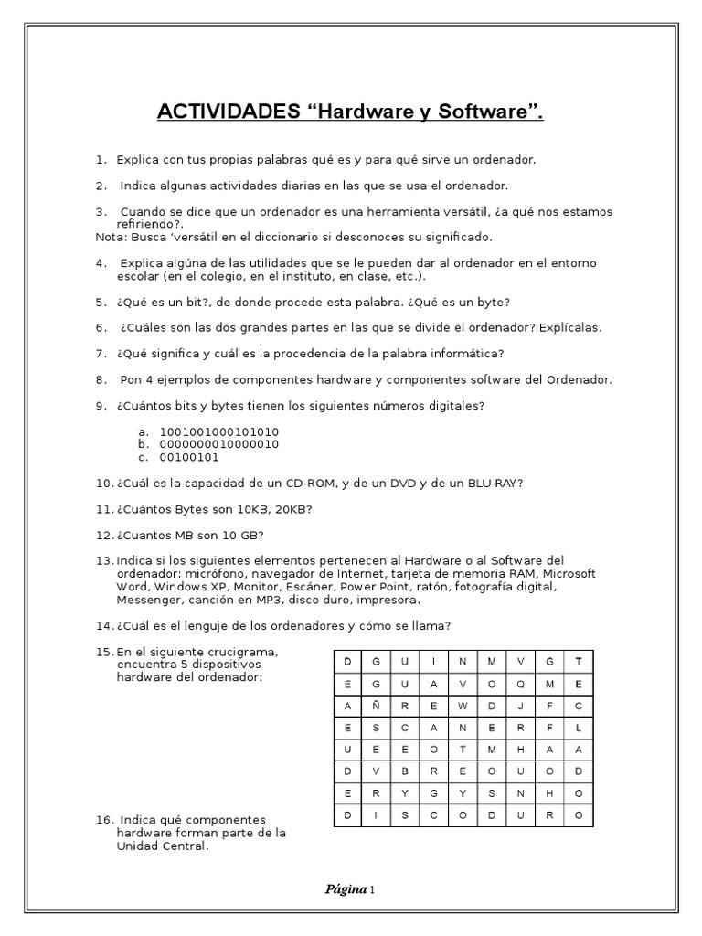 Cuestionario 1º Eso Hardware Y Software Pdf Periférico Hardware