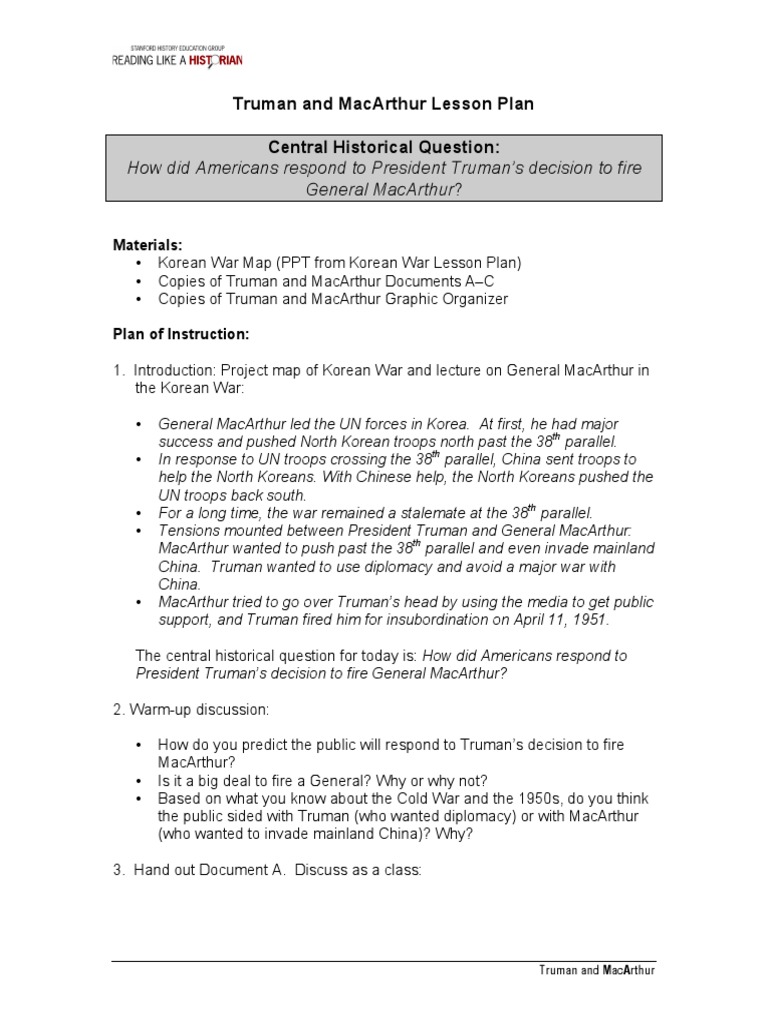 Worksheets Korean War Worksheet truman and macarthur lesson plan korean war harry s truman