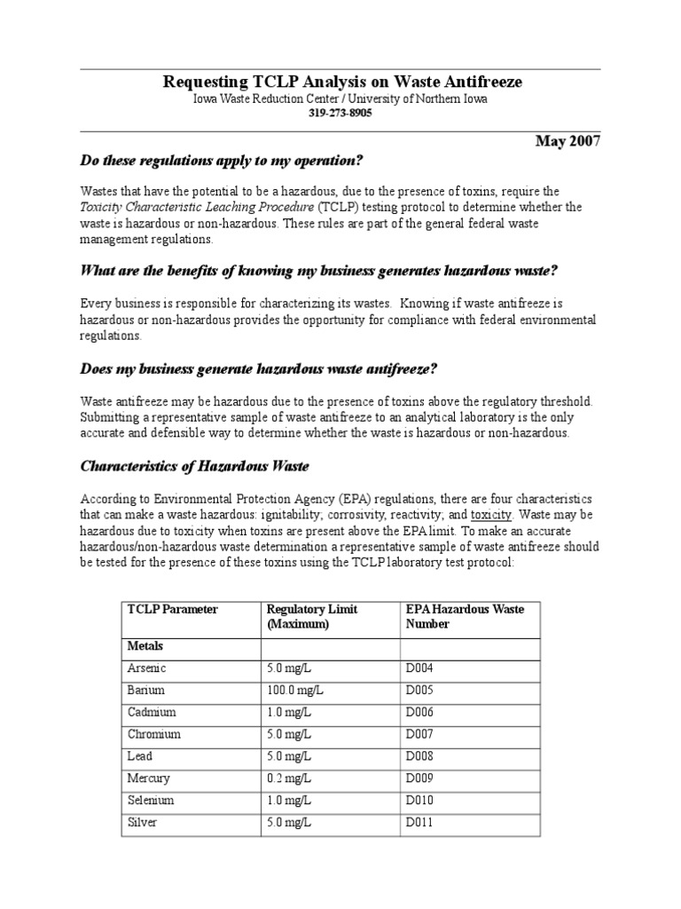 TCLP Testing for Waste Antifreeze | PDF | United States Environmental ...