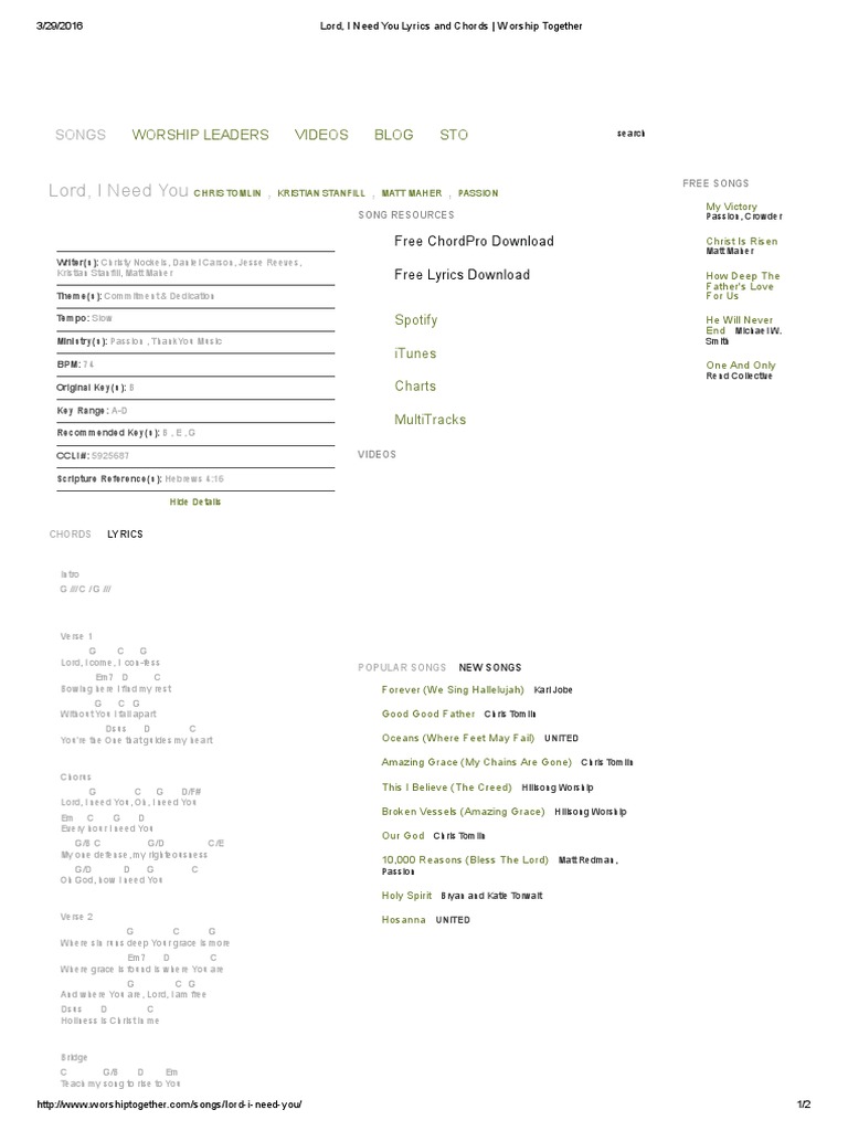 Lord, I Need You Lyrics and Chords - Worship Together | PDF