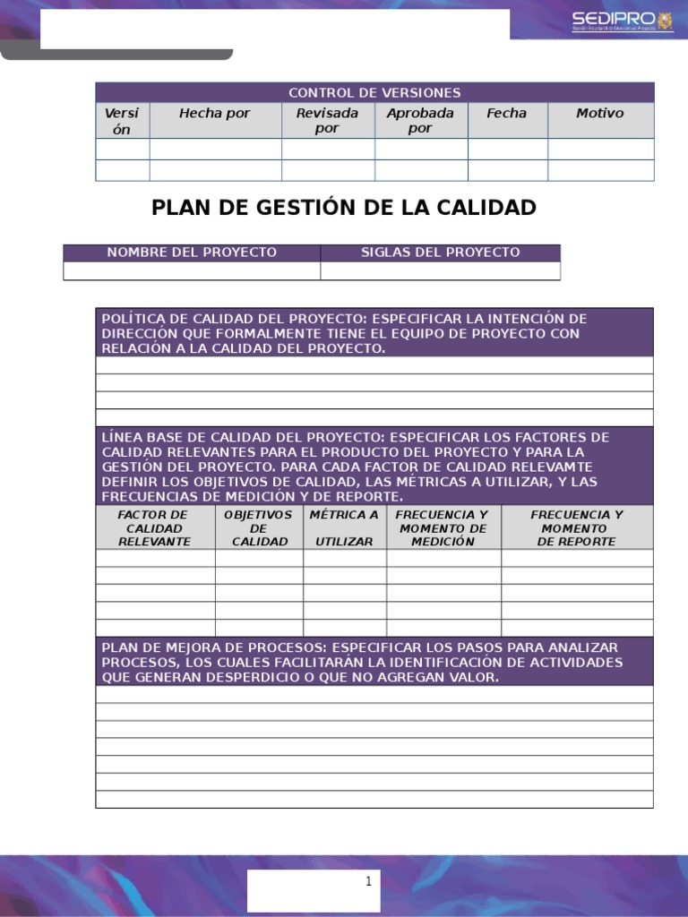 Plan de Gestión de la Calidad | PDF | Gestión de la calidad | Calidad ...
