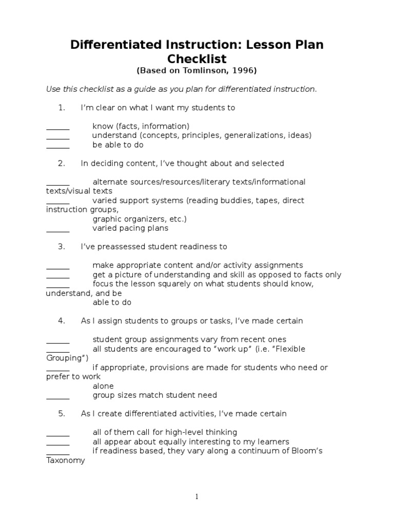 Differentiated Instruction Lesson Plan Checklist Differentiated Instruction Communication
