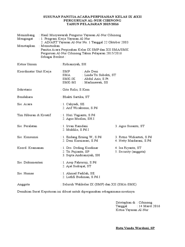 Susunan Panitia Acara Perpisahan Kelas Ix Dan Xii