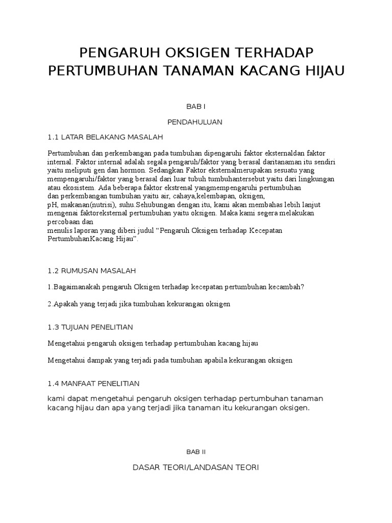 Pengaruh Oksigen Terhadap Pertumbuhan Tanaman Kacang Hijau Docx