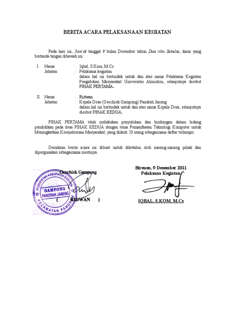 Berita Acara Pelaksanaan Kegiatan