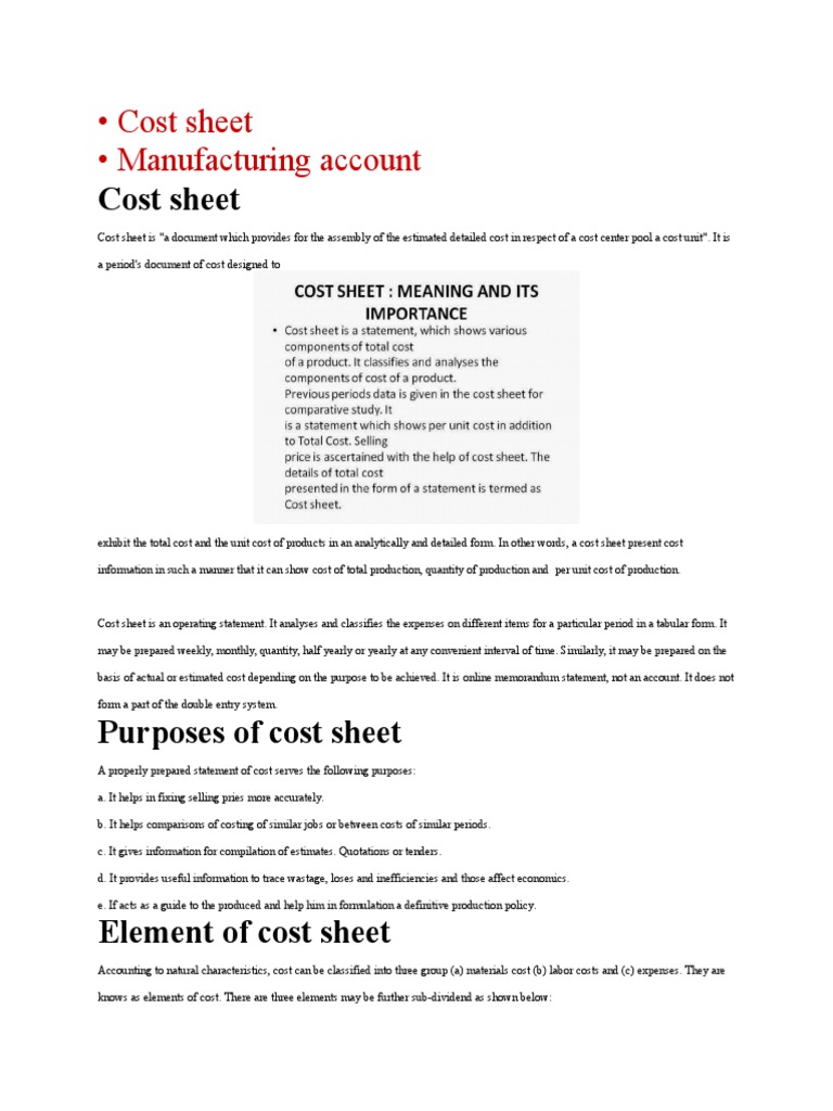 elements of cost sheet
