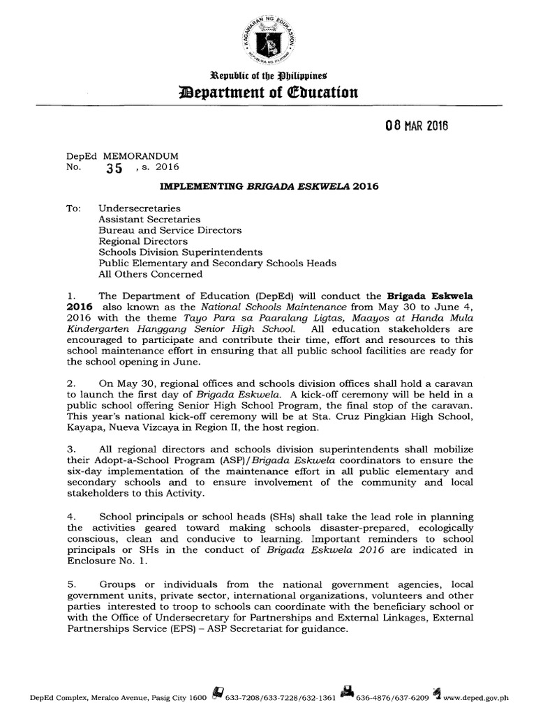 Brigada Eskwela DepEd Memo 2016 | PDF