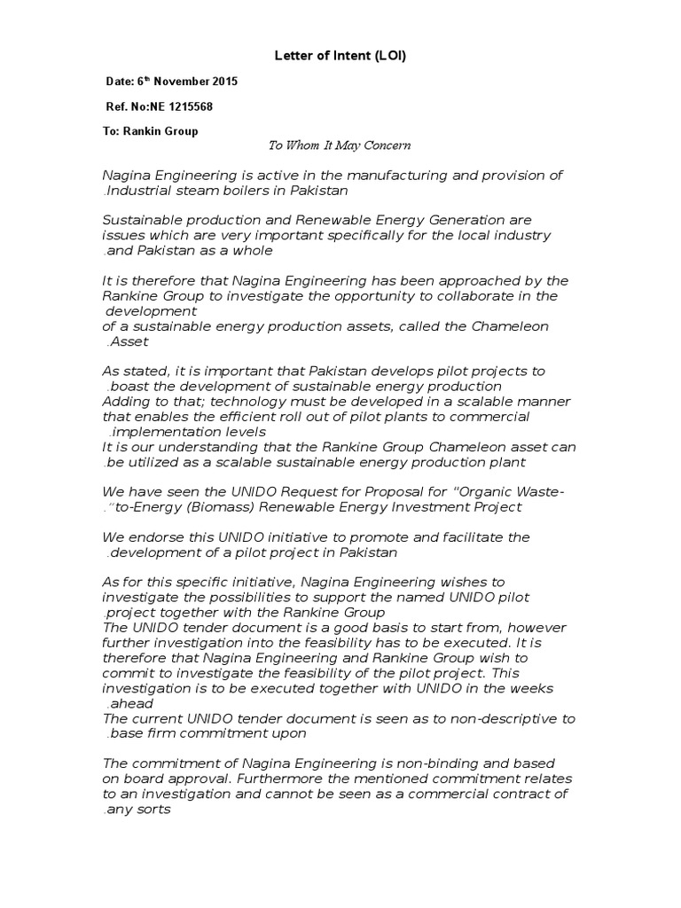 LOI for Sustainable Energy Project in Pakistan | PDF