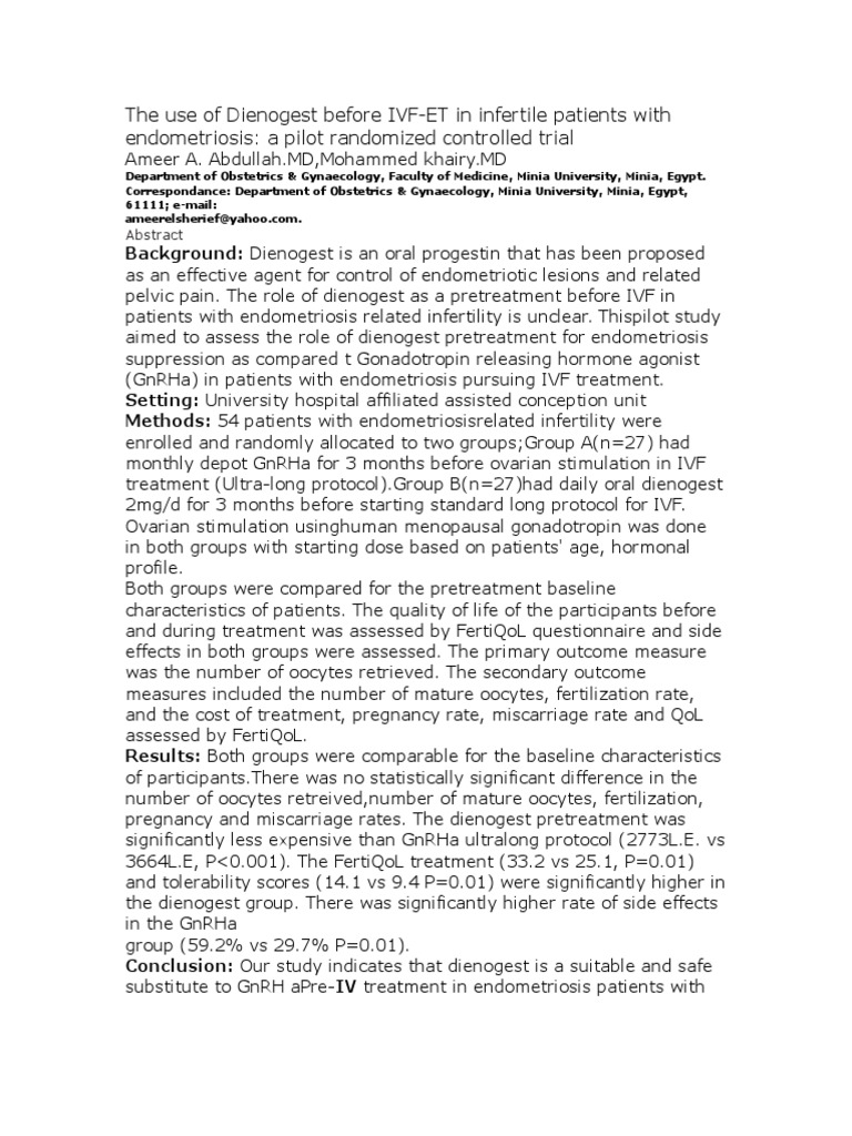 The Use of Dienogest Before IVF PDF In Vitro Fertilisation