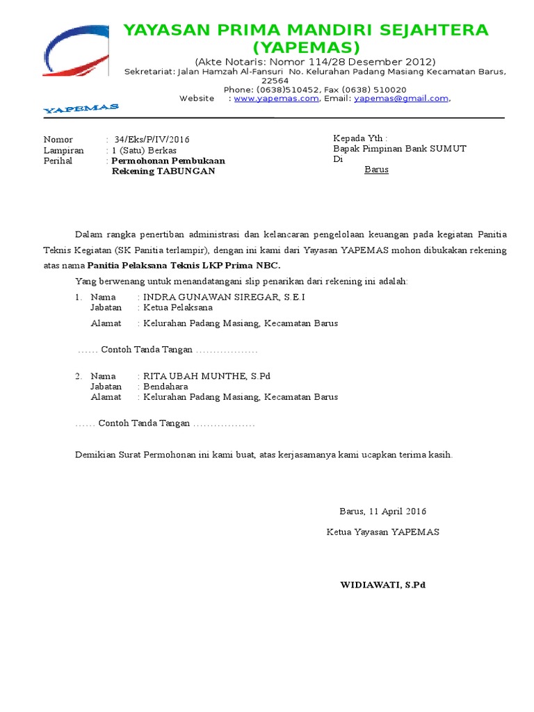 Surat Permohonan Pembukaan Rekening Bank