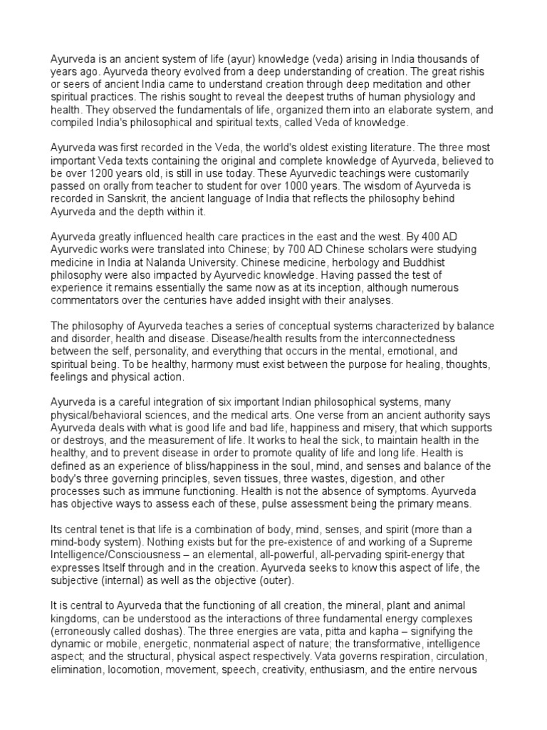 Origin of Ayurveda PDF Ayurveda Vedas