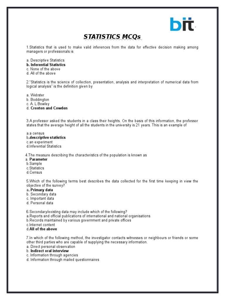Statistics For Management Mcqs PDF Arithmetic Mean Statistical
