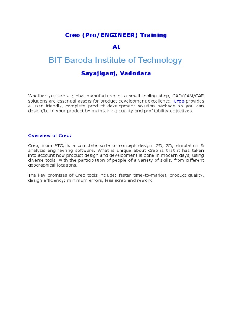 Creo Training at BIT Baroda Institute | PDF | Computer Aided Design ...