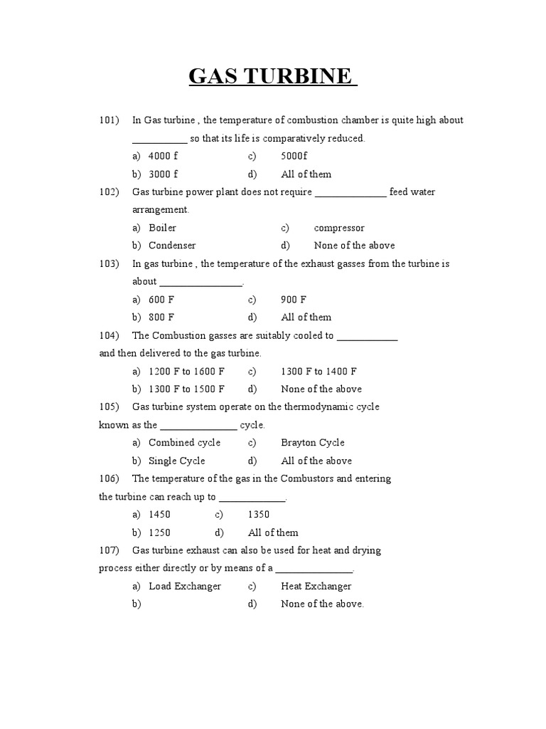 Gas Turbine MCQ PDF Gas Turbine Turbine