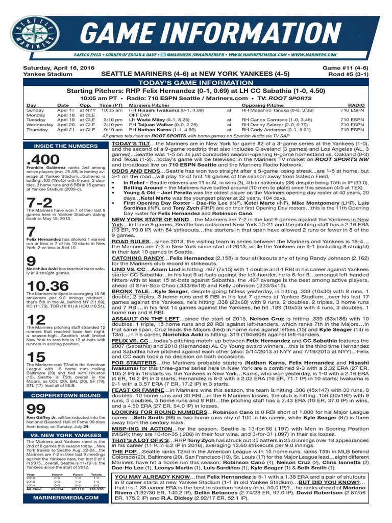 Today'S Game Information: Seattle Mariners (4-6) at New York Yankees (4 ...
