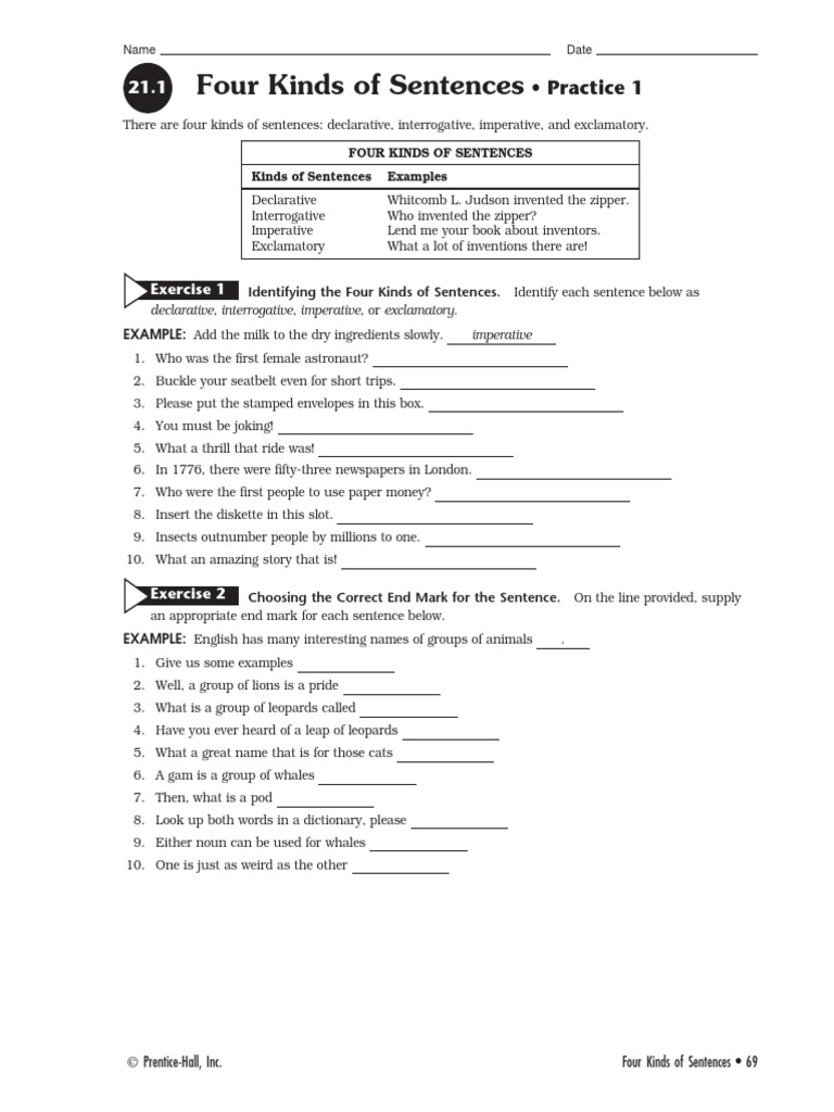 worksheet Declarative Imperative Interrogative Exclamatory Worksheets 5 four kinds of sentences 1 linguistics language mechanics