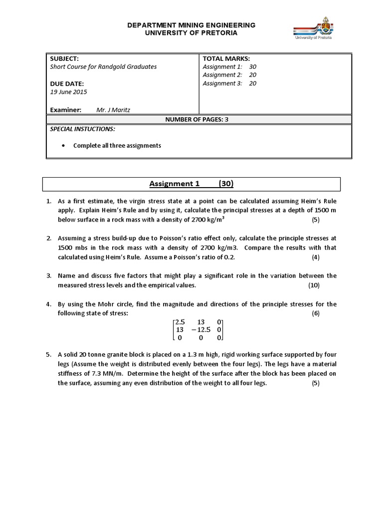 Mining Engineering Assignments Overview | PDF | Stress (Mechanics ...