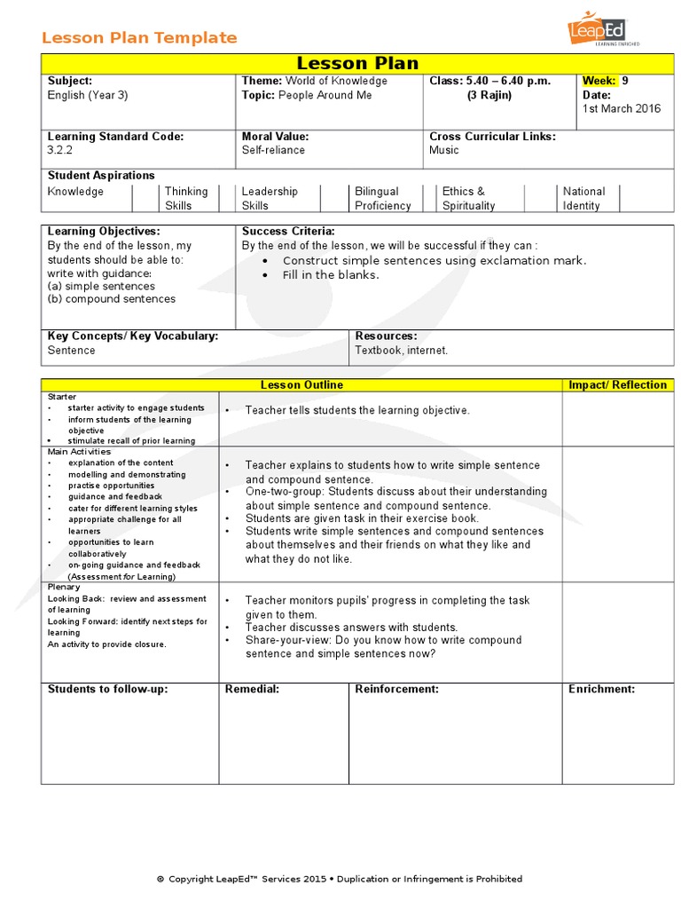 Lesson plan english year 3 | Lesson Plan | Educational Assessment ...