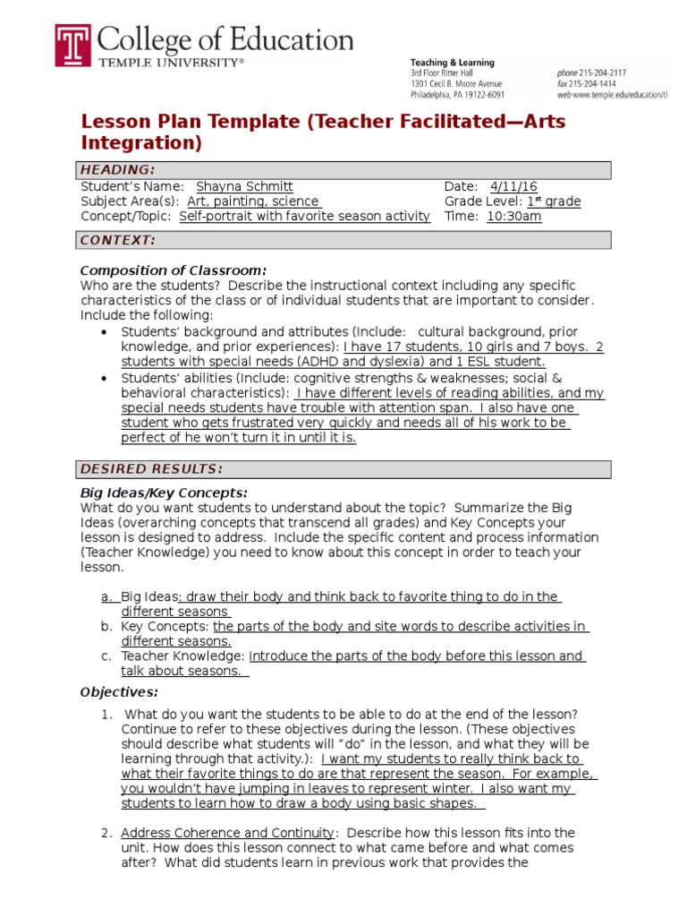Arts Integration Lesson Plan for 1st Grade | PDF | Lesson Plan ...