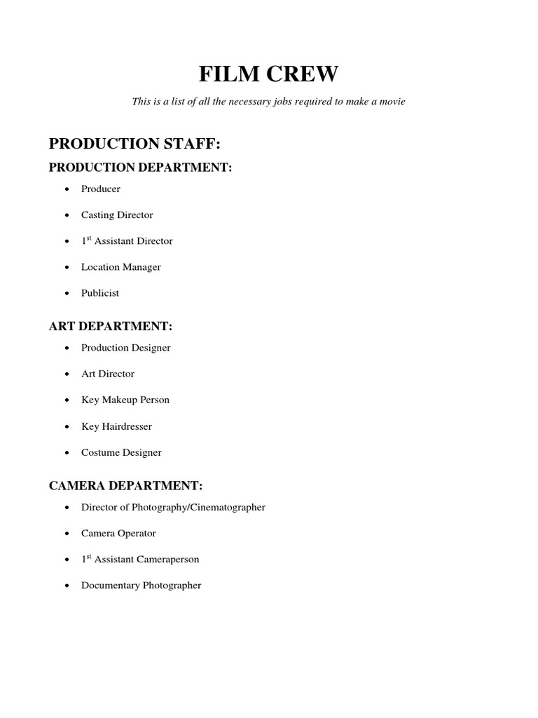 Film Crew Roles and Responsibilities | PDF | Filmmaking | Art Media