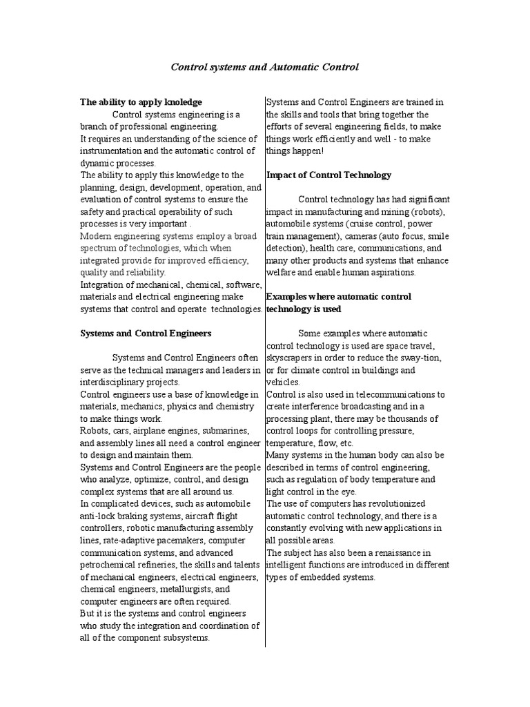Control Systems Engineering Overview | PDF | Control Engineering ...