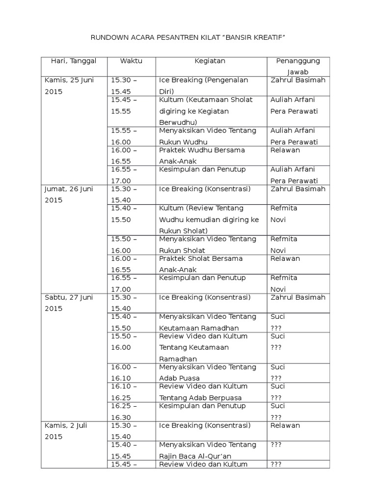 Rundown Acara Pesantren Kilat