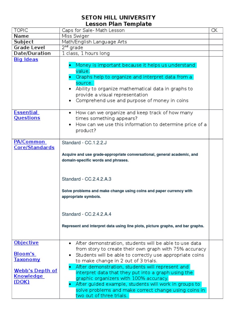 Seton Hill University Lesson Plan Template: Name Subject Grade Level ...