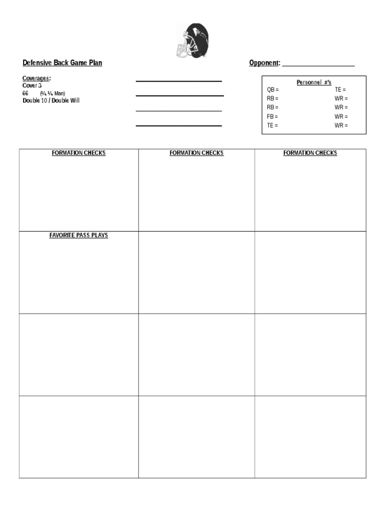 Defensive Back Game Plan Opponent: - : Coverages: Cover 3 66 Double 10 ...