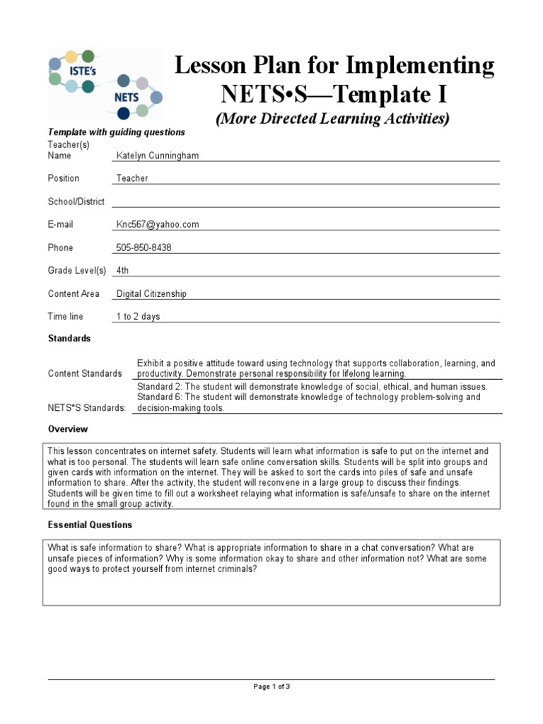 Safety Lesson Plan for 4th Grade PDF Teachers