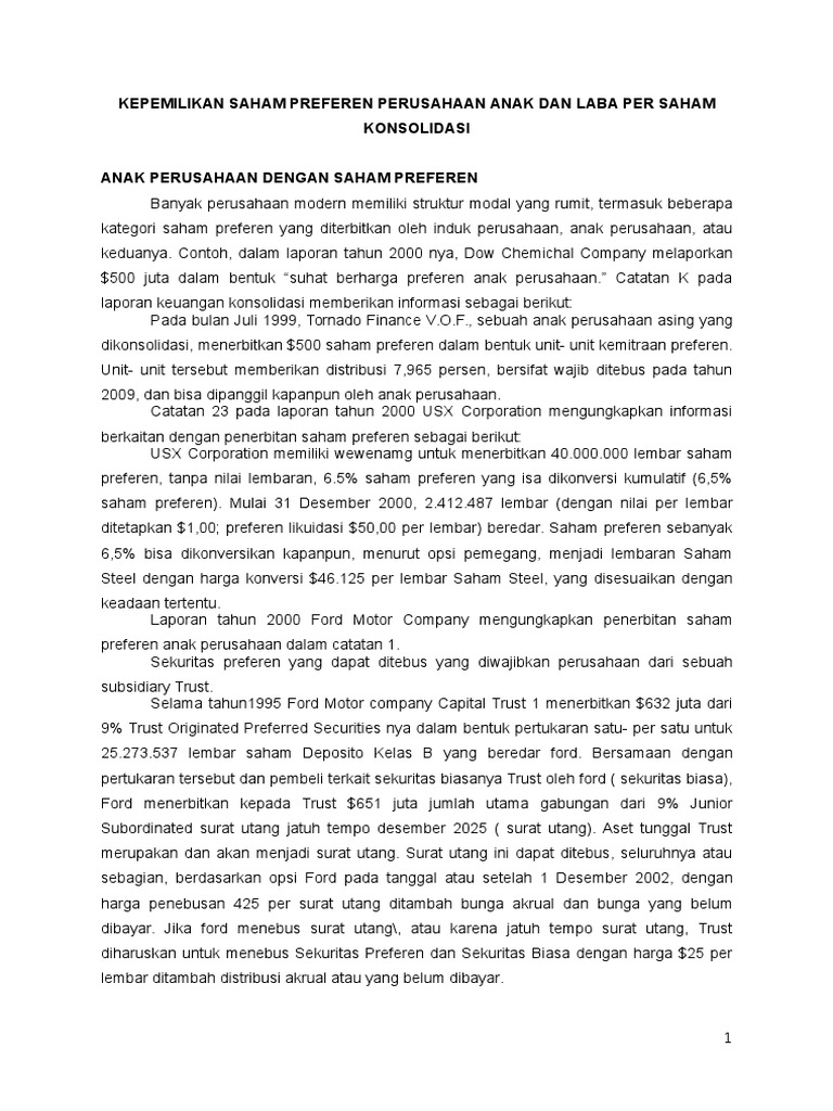 Kepemilikan Saham Preferen Perusahaan Anak Dan Lps Konsolidasi