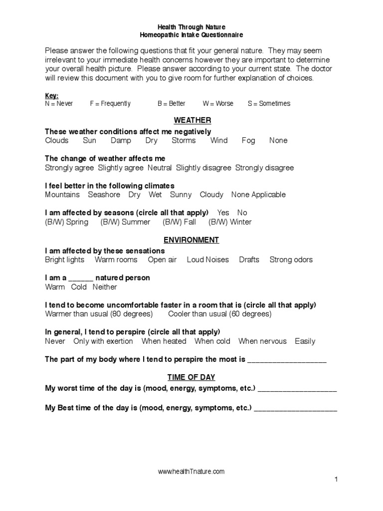 Homeopathic Intake Questionnaire PDF Taste Weather