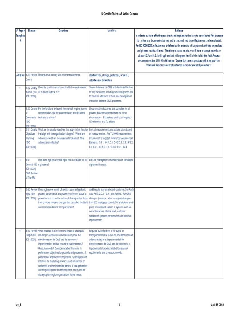 Validation Audit Requirements Checklist Tool Rev4 | Audit | Survey ...
