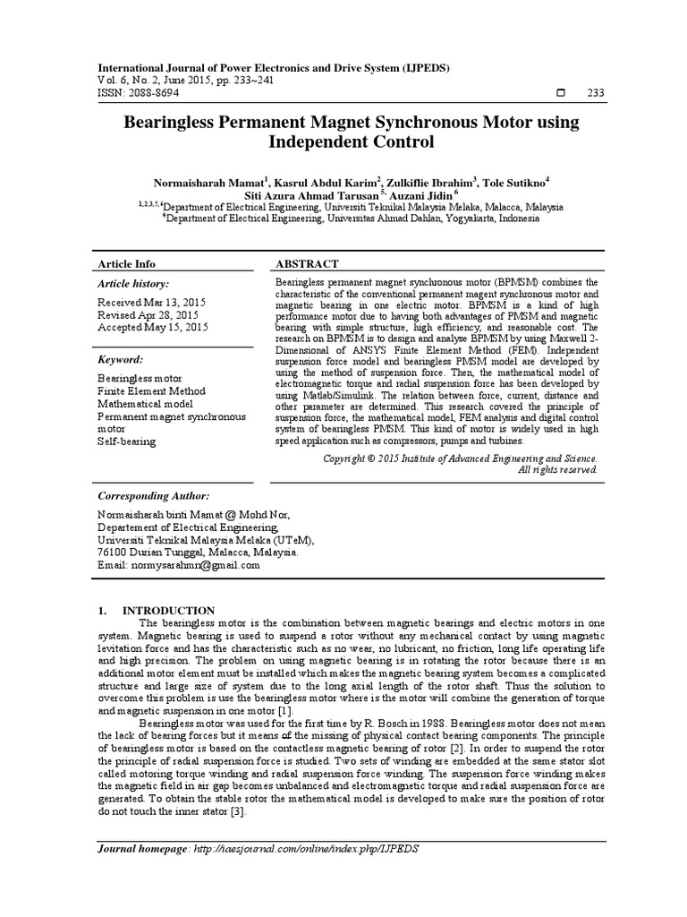 Bearingless Permanent Synchronous Motor Using Independent
