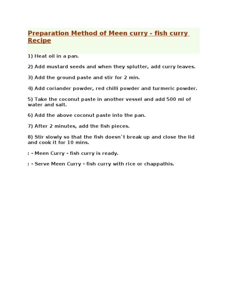 Meen Curry Preparation Guide | PDF | Curry | Food Ingredients