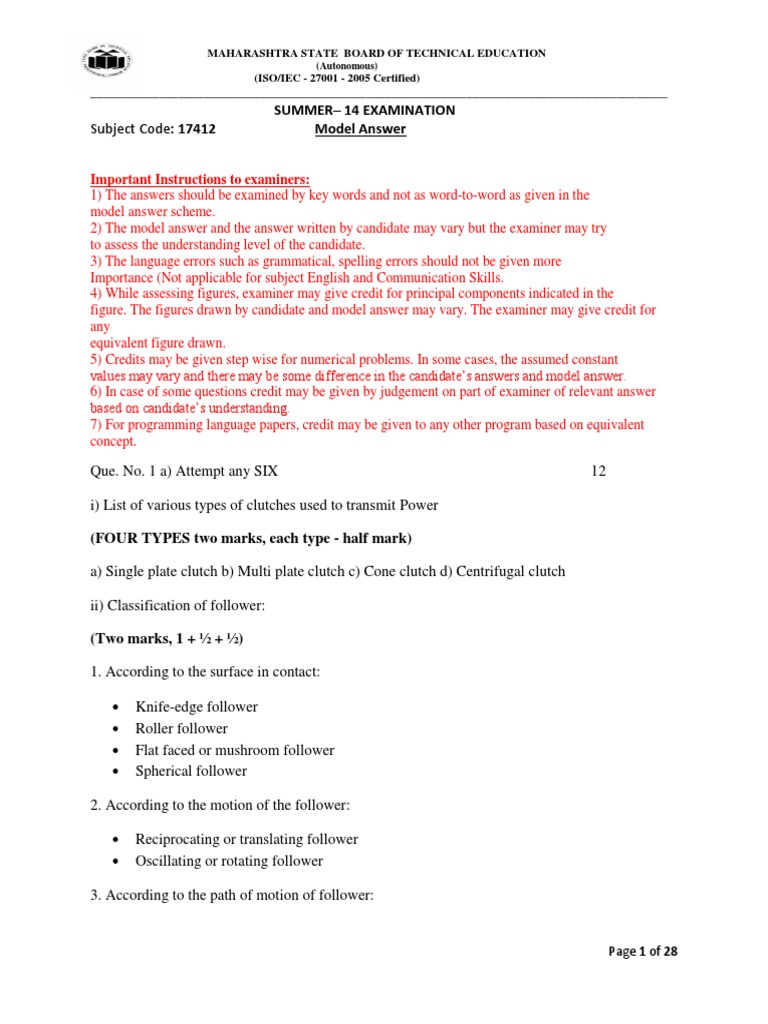 Analysis of Examination Model Answer and Instructions for Assessors