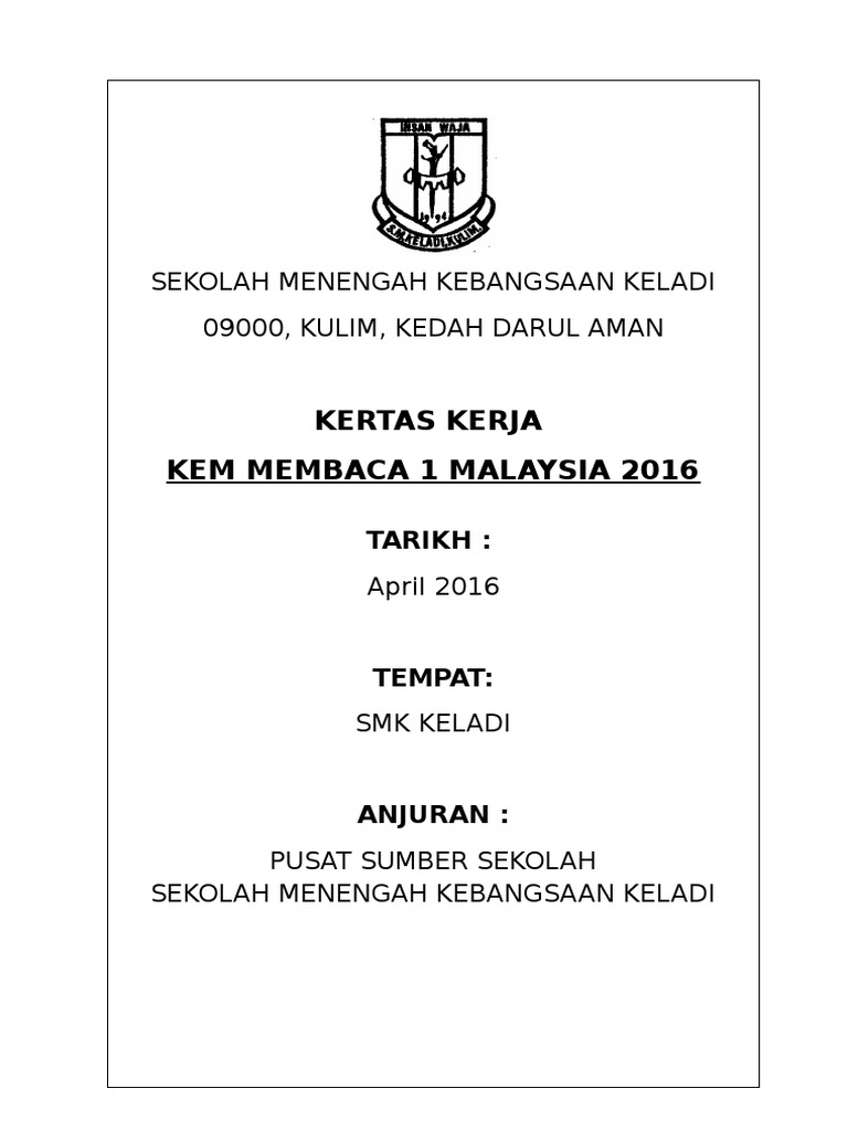 Kertas kerja Kem Membaca 1 Malaysia 2016