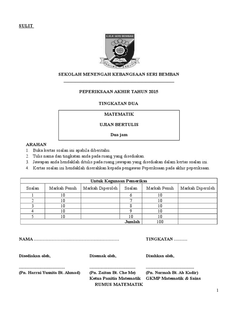 Soalan Matematik tingkatan 2